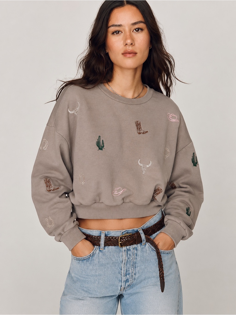 Western Embroidered Cropped Sweatshirt Size M Cowboy Cactus Horseshoe